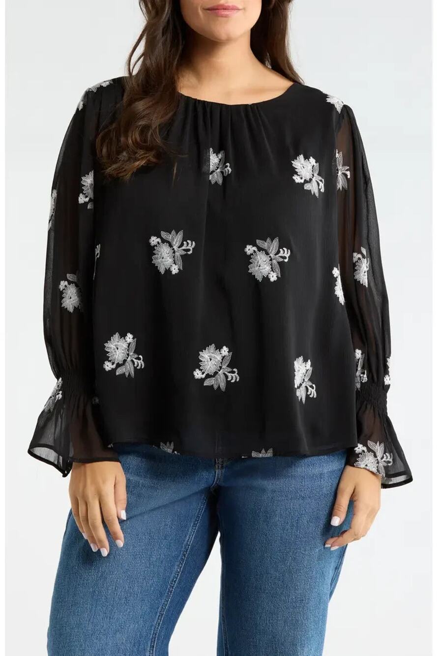 CeCe Women's Smocked Cuff Top Black Size M 2746
